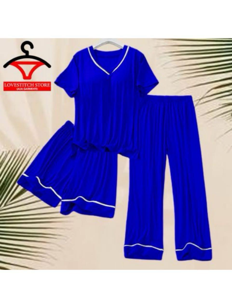 3 Pcs Women's Stitched Plain Night Suit