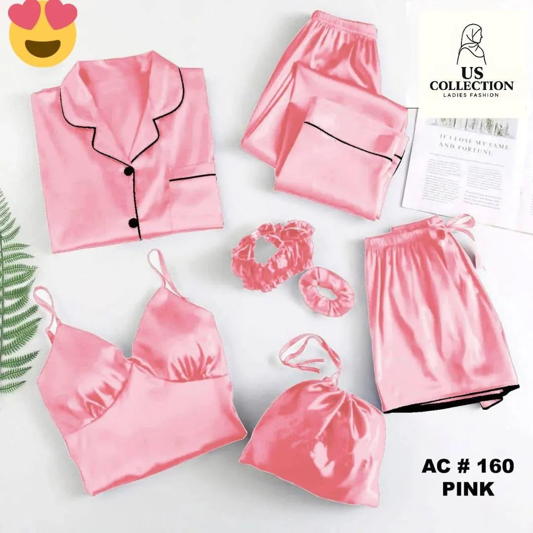 5 Pcs Women's Stitched Silk Plain Night Suit