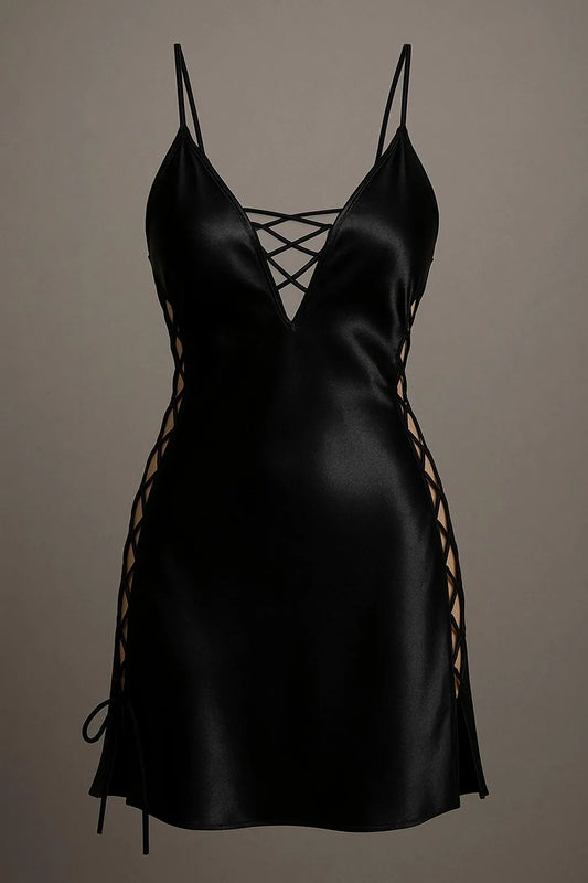 Luxurious Silk V-Neck Nightgown - 1 Pc Women's Stitched Sleepwear in Black