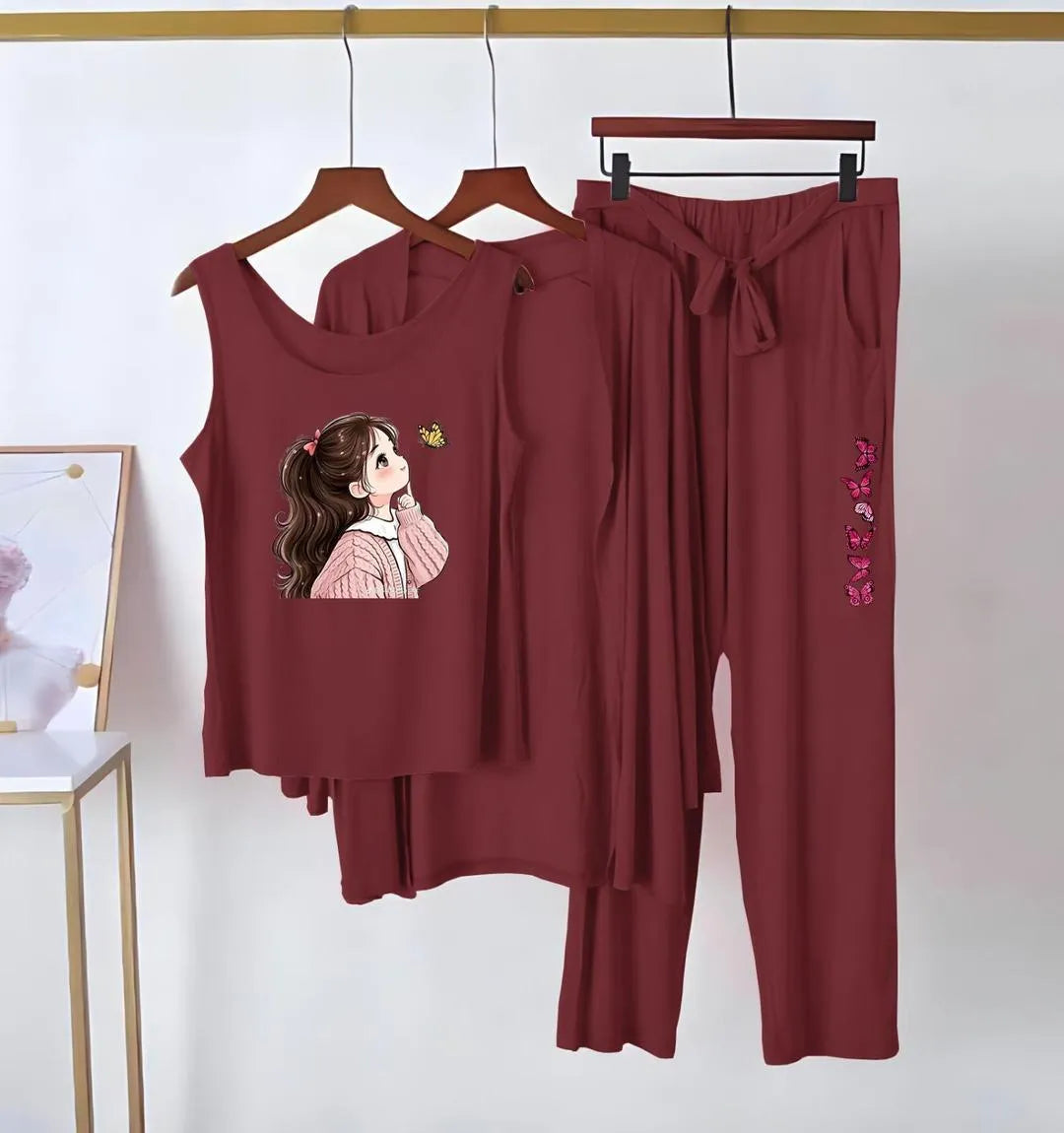 3 Pcs Women's Stitched Jersey Printed Night Suit