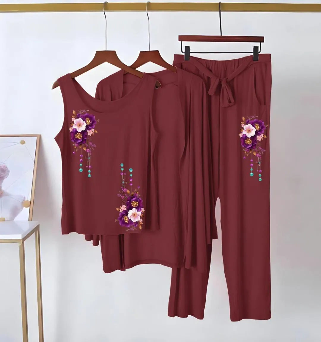 3 Pcs Women's Stitched Jersey Printed Night Suit