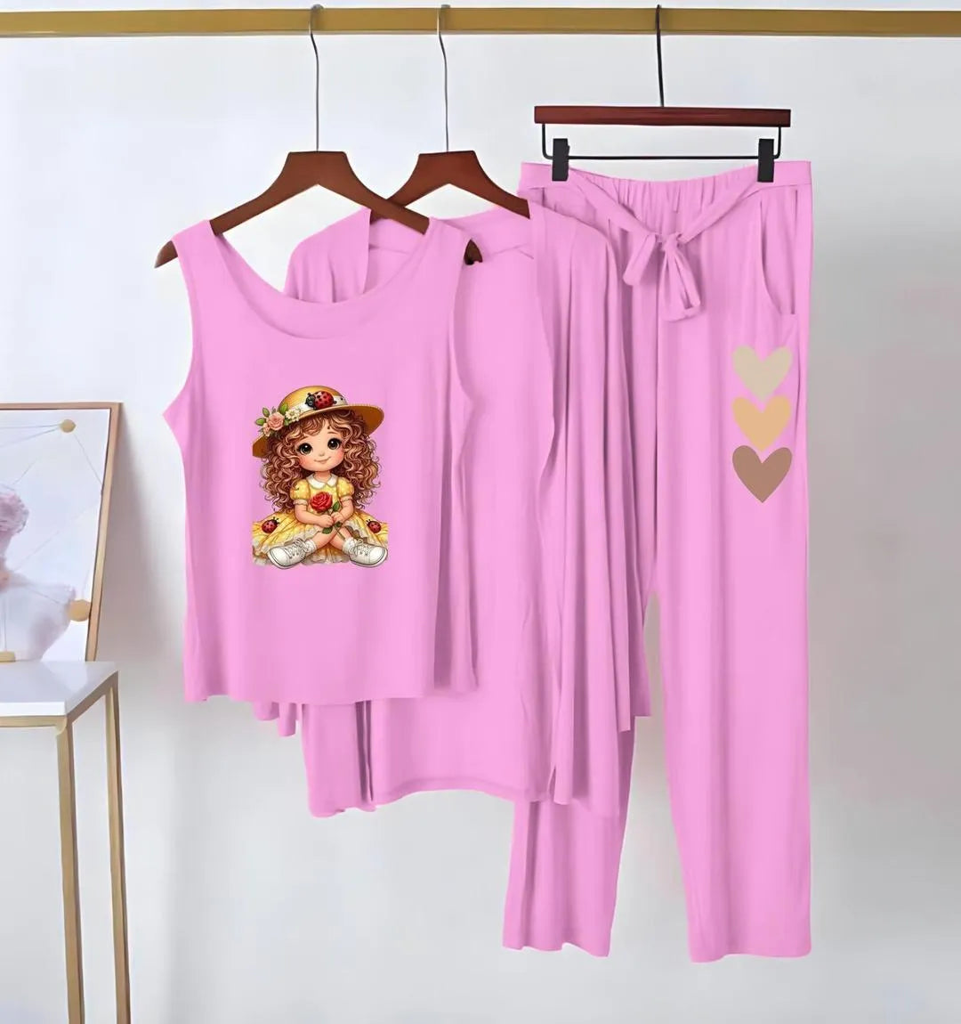 3 Pcs Women's Stitched Jersey Printed Night Suit