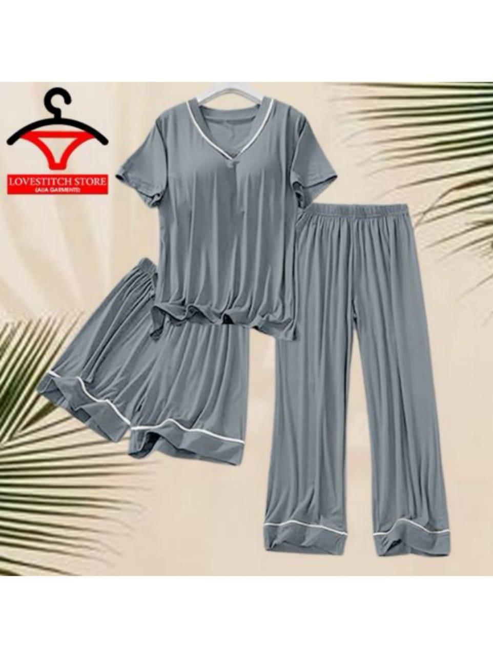 3 Pcs Women's Stitched Plain Night Suit