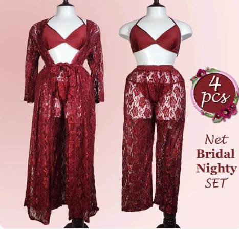 Maroon Embossed Net Nightwear Set - Comfortable & Lightweight, Free Size