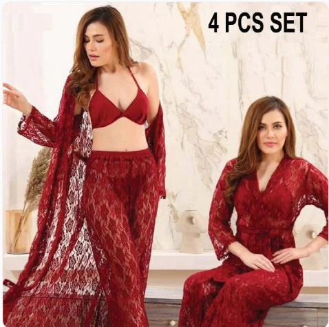 Maroon Embossed Net Nightwear Set - Comfortable & Lightweight, Free Size